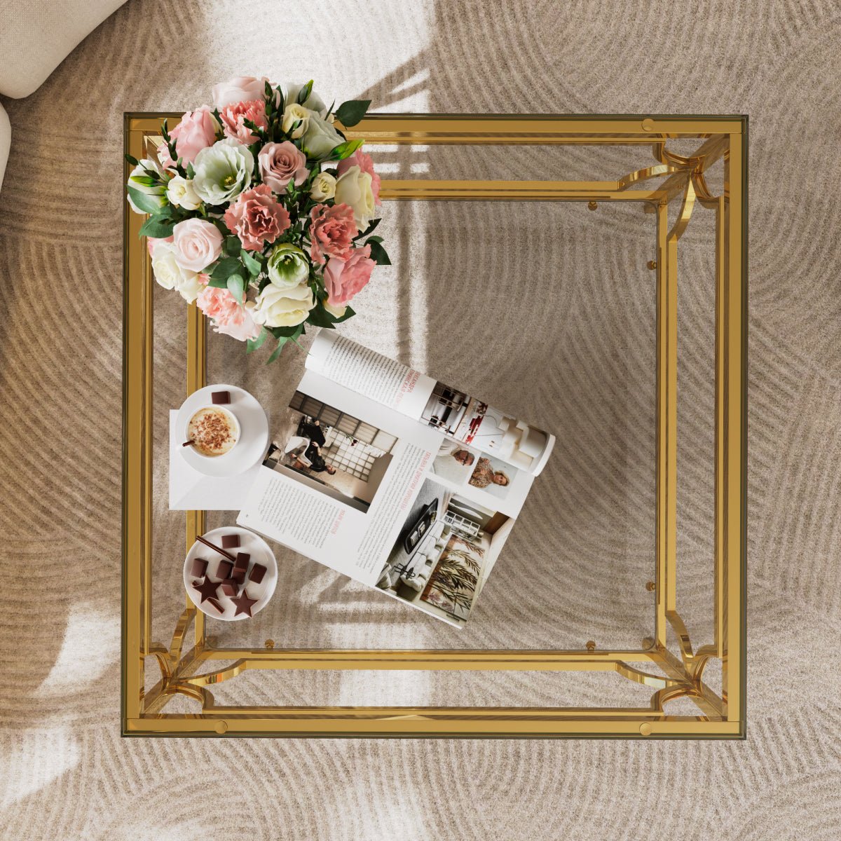 Square Glass Coffee Table in 33.5.Luxurious Geometric Metal Frame.Gold Finis - Image 5