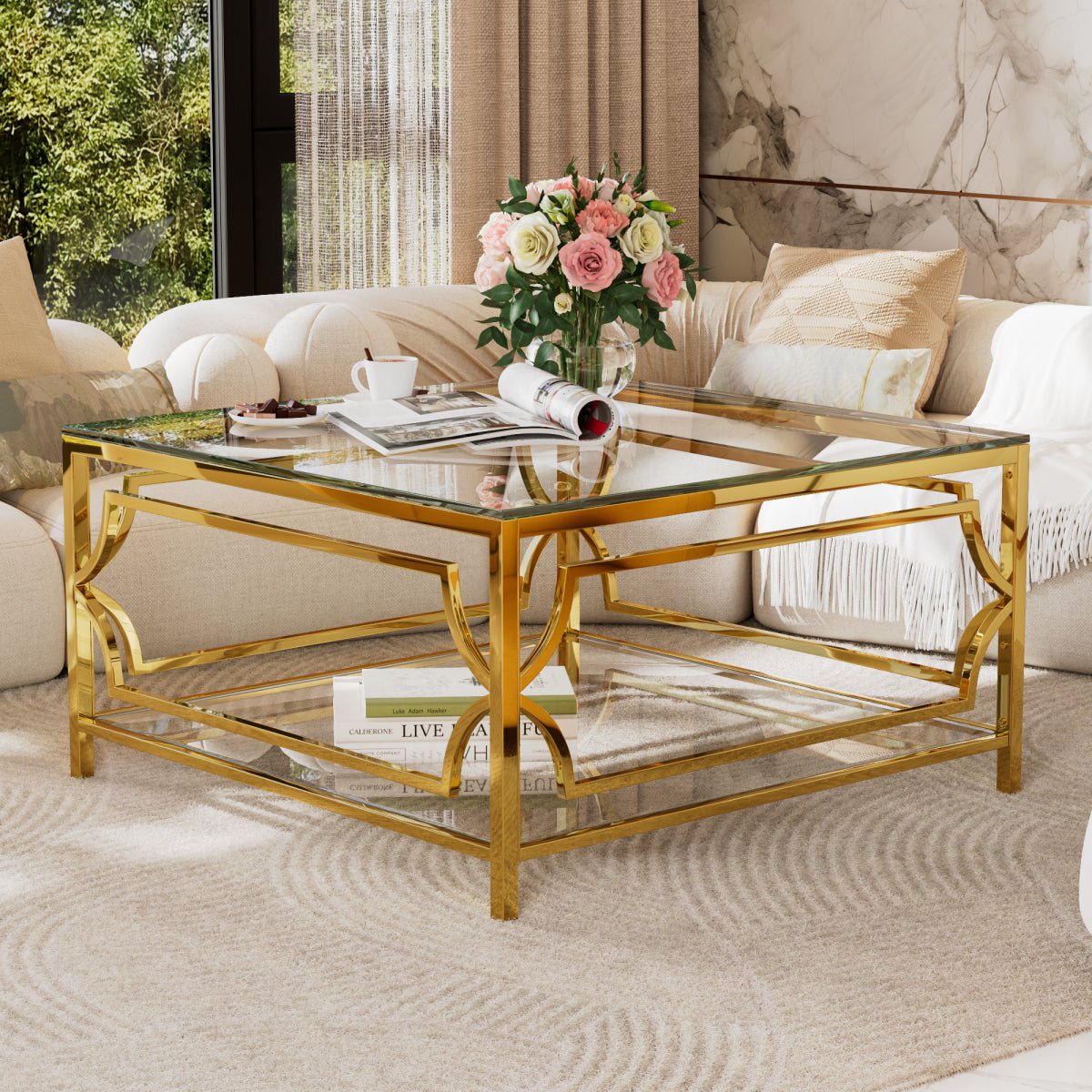 Square Glass Coffee Table in 33.5.Luxurious Geometric Metal Frame.Gold Finis - Image 4