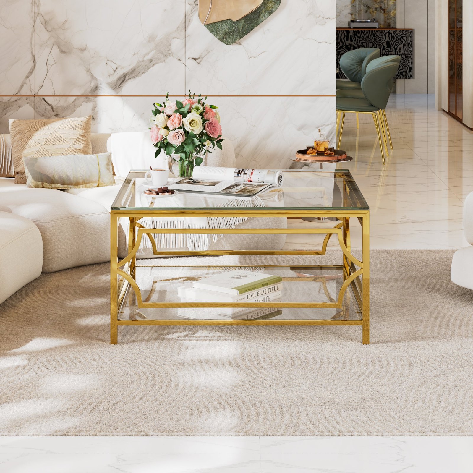 Square Glass Coffee Table in 33.5.Luxurious Geometric Metal Frame.Gold Finis - Image 27