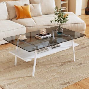 Rectangle Coffee Table. Tempered Glass Tabletop with White Metal Legs. Modern
