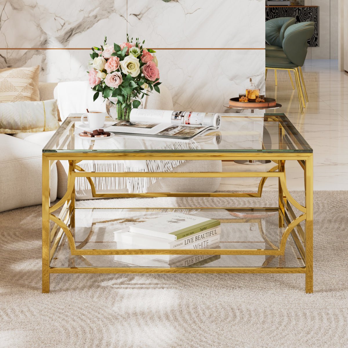 Square Glass Coffee Table in 33.5.Luxurious Geometric Metal Frame.Gold Finis - Image 2