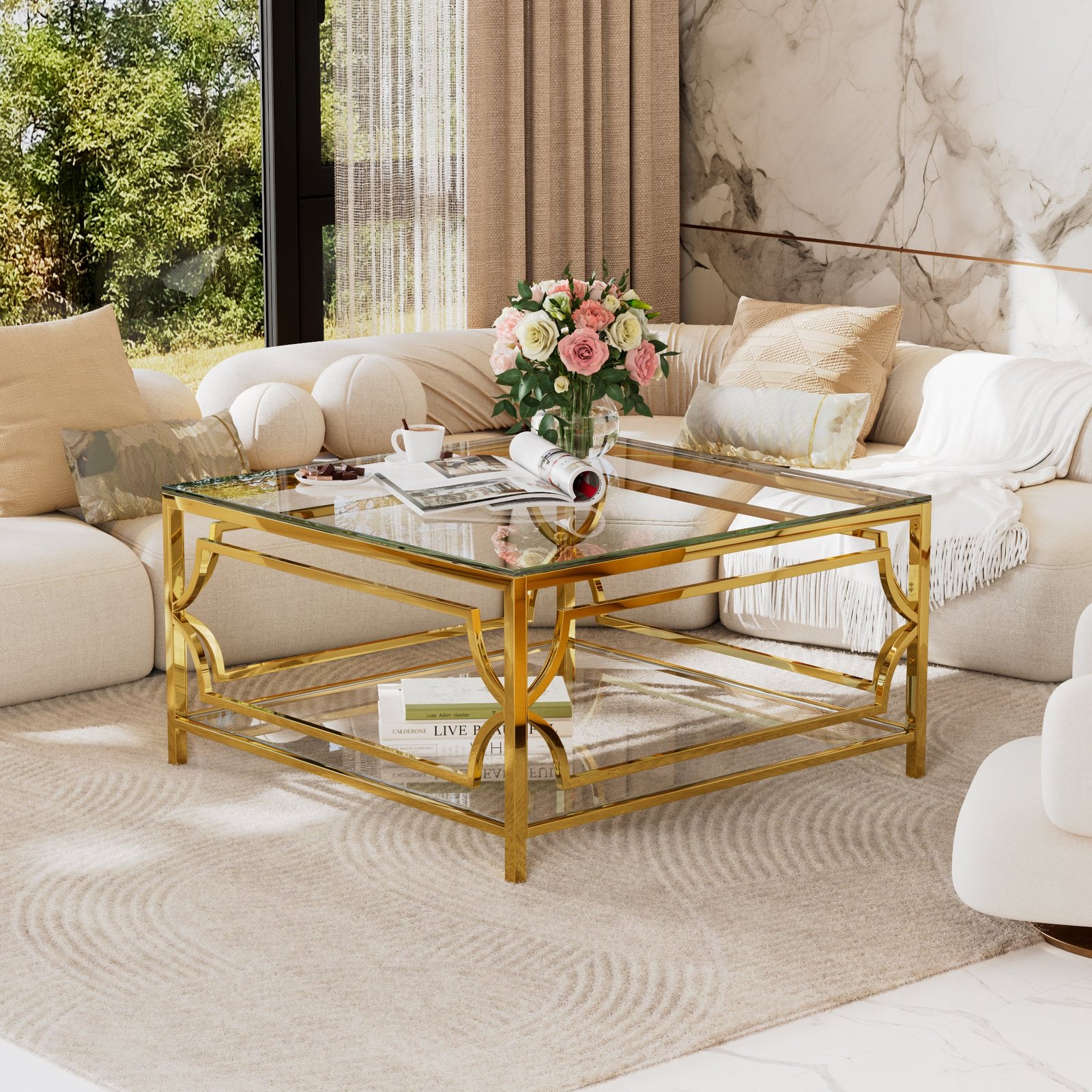 Square Glass Coffee Table in 33.5.Luxurious Geometric Metal Frame.Gold Finis - Image 28