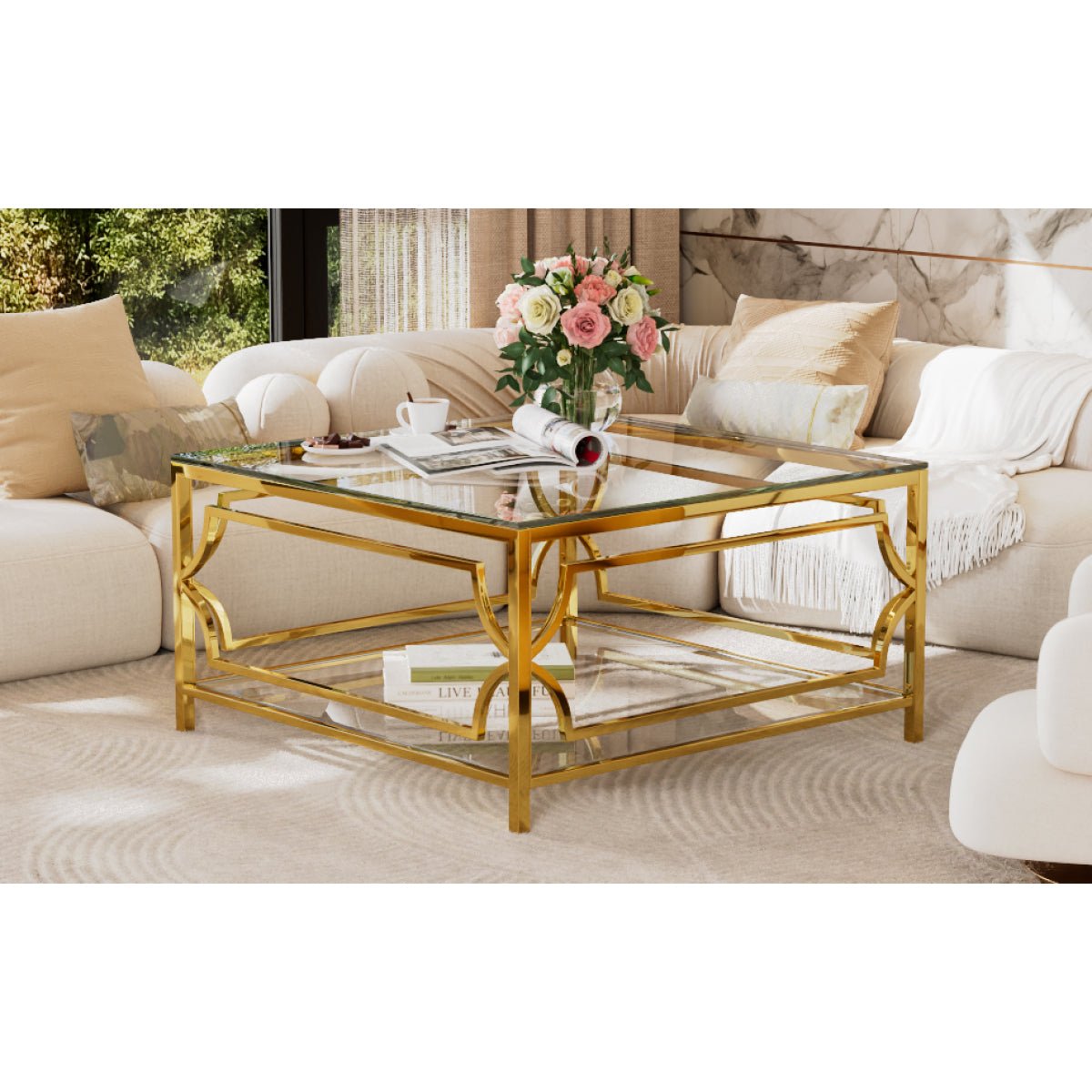 Square Glass Coffee Table in 33.5.Luxurious Geometric Metal Frame.Gold Finis - Image 23