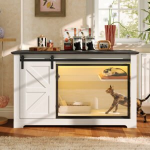46 Farmhouse Cat Litter Box Enclosure with Sliding Barn Door. White Large Hi