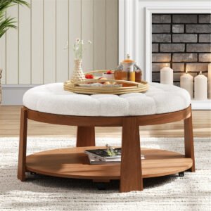Modern Large Round Ottoman Coffee Table 2-Tier Oversized Button Tufted Ottoma
