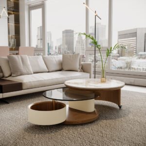 Round Coffee Table Set with Storage .Rotating Wheels. Wooden Base